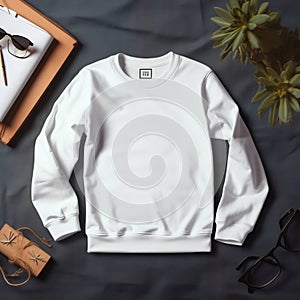White blank sweatshirt mockup with stationery and sunglasses on fabric background. Copy space, template blank top view