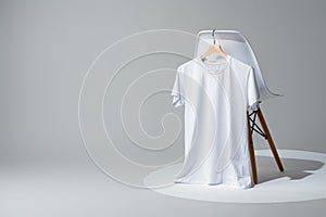 White blank t-shirt hanging on chair in empty room copy space