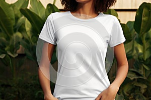 White blank t shirt mock up. Woman in green leaves