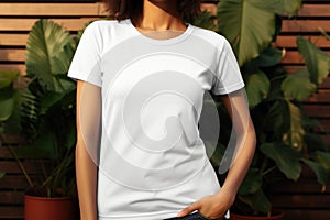 White blank t shirt mock up. Woman in green leaves