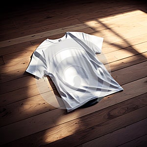 White blank T-shirt template on wooden floor