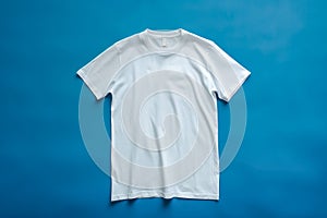 White blank tshirt on blue background, copy-space