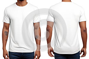 White blank tshirt template on man body for design and advertising, Male model wearing a dark navy blue VNeck tshirt on a White