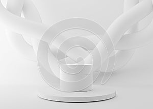 White and blank, unbranded cosmetic cream jar standing on podium with abstract white splines. Skin care product