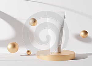 White and blank, unbranded cosmetic cream tube standing on golden podium with flying spheres. Skin care product