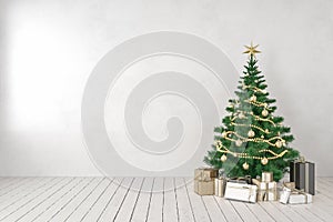 White blank wall empty interior with christmas tree and gifts.