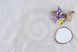 White blank wood with statice flowers bouquet