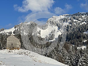 White blanket on alpine peak Gulmen or Gulme 1789 m in the Swiss Alps and above the Lake Walen or Lake Walenstadt / Walensee