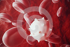 White blood cell between red blood cells, flow insice artery or vein, 3d rendering