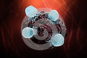 White blood cells or T lymphocytes or natural killer T attack a cancer or tumor or infected cell 3D rendering illustration. photo