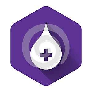White Blood drop icon isolated with long shadow. Donate drop blood with cross sign. Donor concept. Purple hexagon button