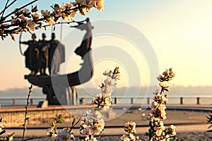 White blossom flowers on tree branch in sunny spring morning. Blurred silhouette of Monument to legendary founders of Kyiv