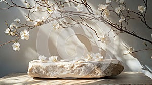 White Blossoms and Beige Stone Platform in Soft Sunlight