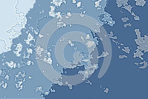 White and blue abstract background texture. Fantasy map with north shoreline, sea, ocean, ice, mountains, clouds