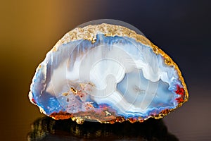 White blue agate gem cross section with reflection on dark colored background