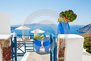 White-blue architecture and blue sea, Santorini island, Greece
