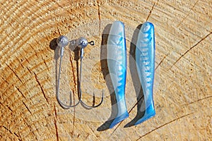 White blue artificial bait and Fishing hook.