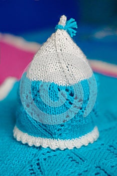 White-blue baby hat, hand-knitted