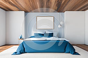 White and blue bedroom with horizontal poster