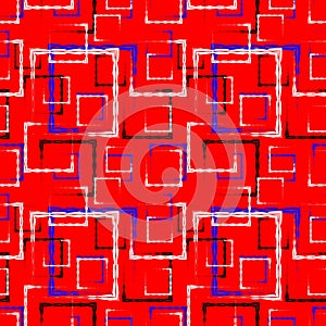 White and blue carved squares and black frames for an abstract red background or pattern