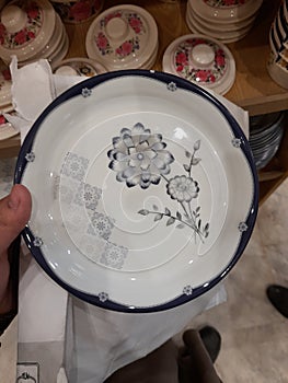 A white and blue china plate.