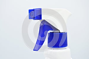 White blue colored plastic spray detergent bottle. Cosmetic  container