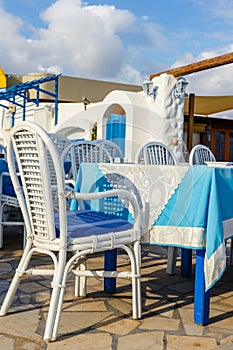 White and blue colors of traditional Greek tavern