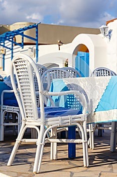 White and blue colors of traditional Greek tavern