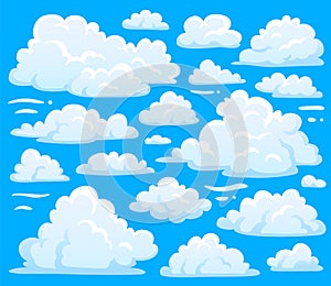 White cloud symbol for cloudscape background. Cartoon clouds symbols set for cloudy sky climate illustration vector photo