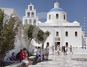 White-blue dome of the Orthodox church in Oia, Santorini, Greece