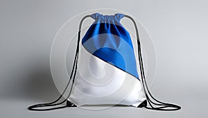 White and blue Fabric Drawstring Bag with Black Strings for Custom Design