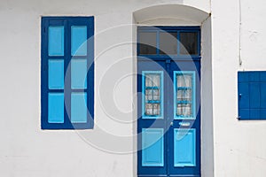 White blue facade of Greek building