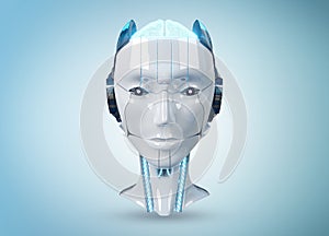 White and blue female cyborg robot head isolated on blue background 3d rendering