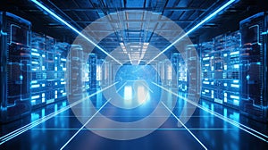 White and blue firewall activated on server room data center 3D rendering