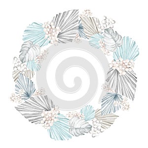 White and blue floral wreath with watercolor bohemian tropical twigs, dried palm leaves, pampas grass, orhid. Round frame