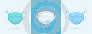 White, Blue, Green Medical or Surgical Face Mask. Virus Protection. Breathing Respirator Mask. Health Care Concept. Vector