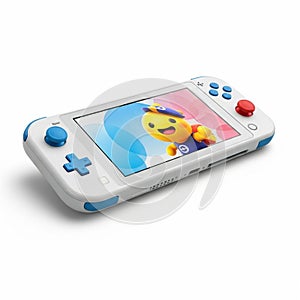 White and Blue Handheld Gaming Console with Cartoon Character on Screen handheld console