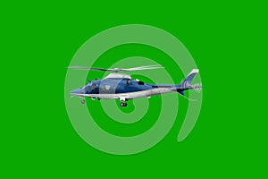 White and blue helicopter in flight, isolated on chroma green