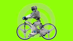 White and blue human-shaped robot riding a white bicycle, pedaling from right to left against green background. 3D Animation