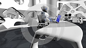 White and blue human-shaped robot sitting on a chair, typing on his laptop working in a modern minimalist style office