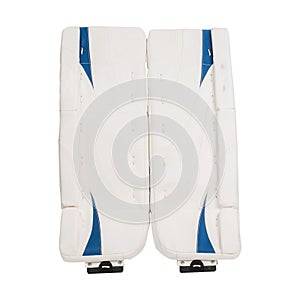 White and blue ice hockey goalie protective leg pads isolated on white background