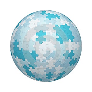 White and blue jigsaw puzzle pieces pattern texture on ball or sphere shape isolated on white background. Mock up design. 3d