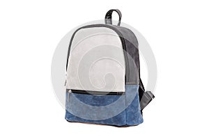 White blue leather modern handbag, backpack. Isolated on white. Fashion bag