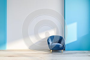 White blue living room, blue armchair