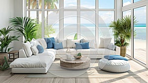 White and blue living room with a sofa, coffee table, plants, and windows overlooking the ocean