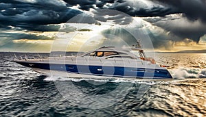 White and Blue Luxury yacht in Motion on the Sea - Generative Ai