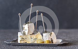 White and blue mold cheese with black caviar