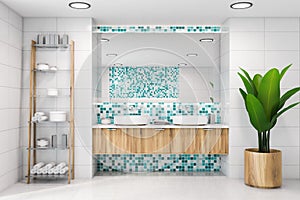 White and blue mosaic bathroom with double sink