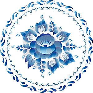 White and blue ornament flowers traditional russian style Gzhel circle