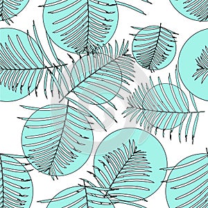 White And Blue Palm Leaves And Circles Pattern Seamless